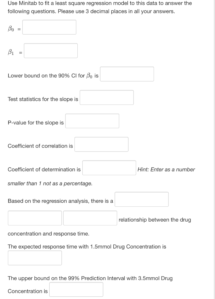 Use Minitab to fit a least square regression model to this data to answer the
following questions. Please use 3 decimal places in all your answers.
Во
B1
Lower bound on the 90% CI for Bo is
Test statistics for the slope is
P-value for the slope is
Coefficient of correlation is
Coefficient of determination is
Hint: Enter as a number
smaller than 1 not as a percentage.
Based on the regression analysis, there is a
relationship between the drug
concentration and response time.
The expected response time with 1.5mmol Drug Concentration is
The upper bound on the 99% Prediction Interval with 3.5mmol Drug
Concentration is
