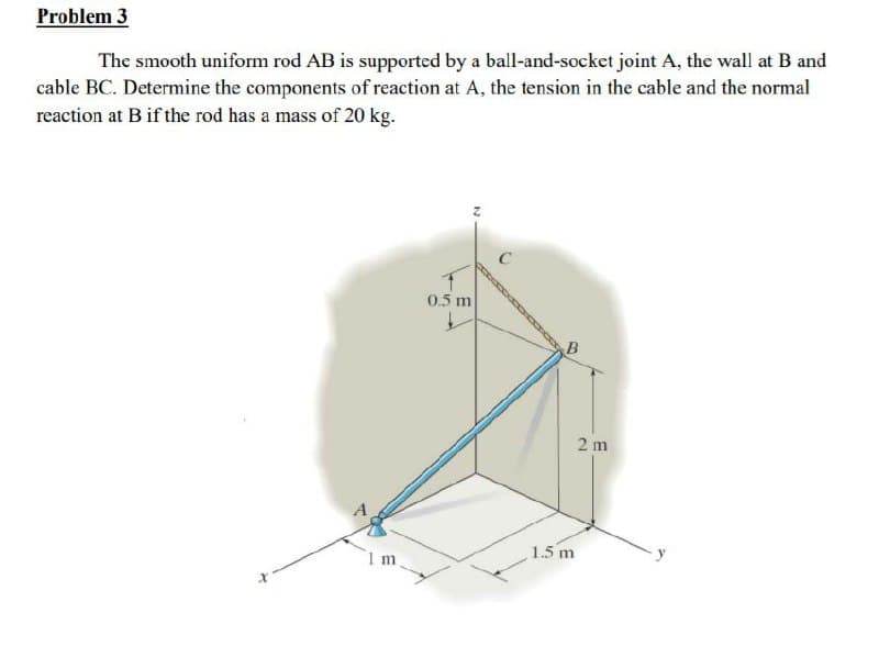 Problem 3
The smooth uniform rod AB is supported by a ball-and-socket joint A, the wall at B and
cable BC. Determine the components of reaction at A, the tension in the cable and the normal
reaction at B if the rod has a mass of 20 kg.
m
0.5 m
B
1.5 m
2 m