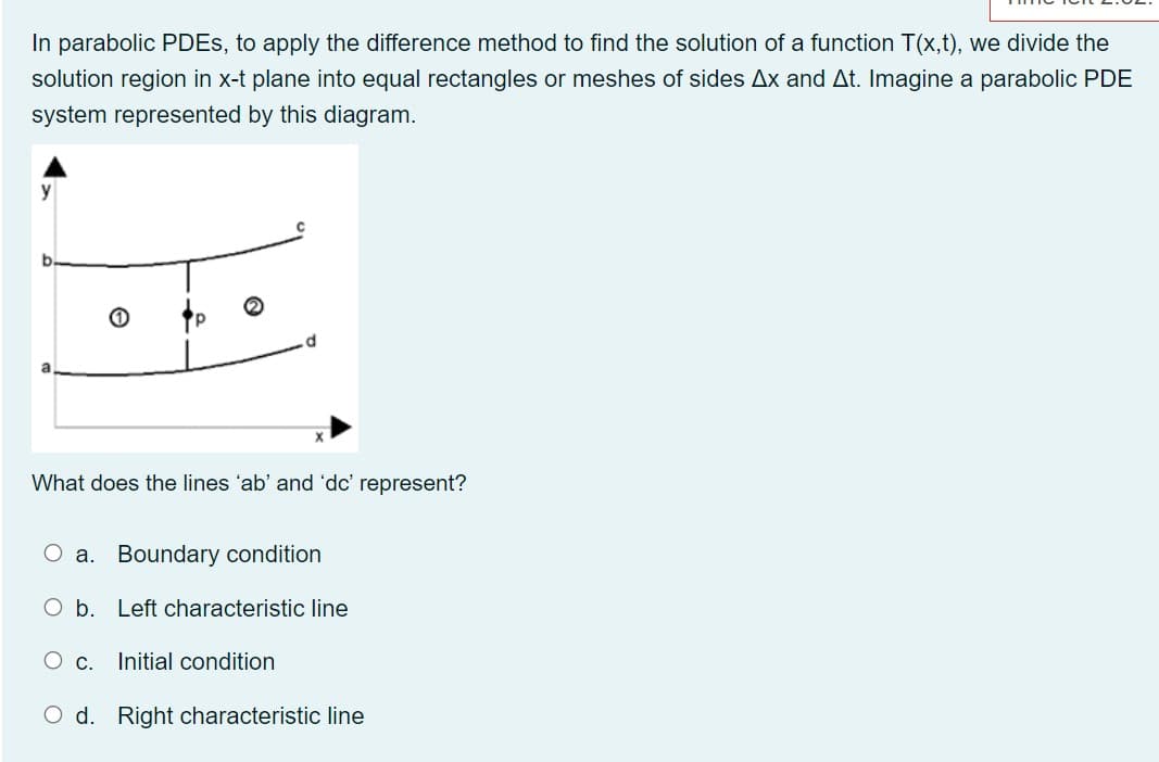 In parabolic PDES, to apply the difference method to find the solution of a function T(x,t), we divide the
solution region in x-t plane into equal rectangles or meshes of sides Ax and At. Imagine a parabolic PDE
system represented by this diagram.
What does the lines 'ab' and 'dc' represent?
a. Boundary condition
O b. Left characteristic line
Initial condition
O d. Right characteristic line
