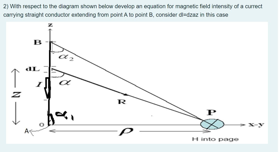 2) With respect to the diagram shown below develop an equation for magnetic field intensity of a currect
carrying straight conductor extending from point A to point B, consider dl=dzaz in this case
B -5
dL
↑
R
P
H into p age
