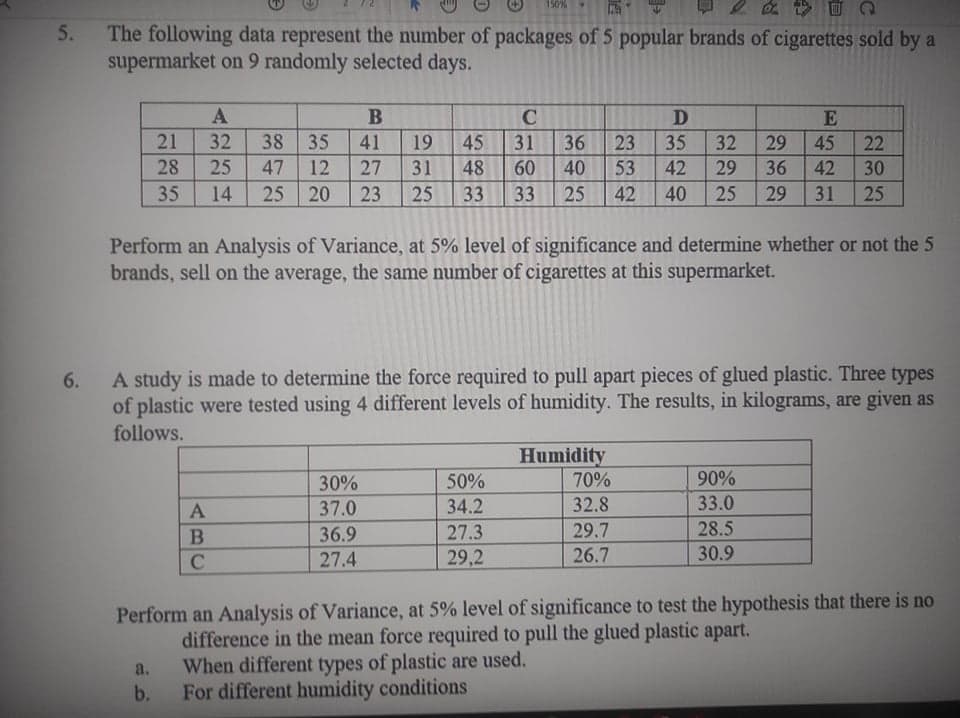 150%
5. The following data represent the number of packages of 5 popular brands of cigarettes sold by a
supermarket on 9 randomly selected days.
B
D
21
32
38 35
41
19
45
31
36
23
35
32
29
45
22
28
25
47
12
27
31
48
60
40
53
42
29
36
42
30
35
14
25 20
23
25
33
33
25
42
40
25
29
31
25
Perform an Analysis of Variance, at 5% level of significance and determine whether or not the 5
brands, sell on the average, the same number of cigarettes at this supermarket.
A study is made to determine the force required to pull apart pieces of glued plastic. Three types
of plastic were tested using 4 different levels of humidity. The results, in kilograms, are given as
follows.
6.
Humidity
70%
30%
50%
90%
37.0
34.2
32.8
33.0
36.9
27.3
29.7
28.5
27.4
29,2
26.7
30.9
Perform an Analysis of Variance, at 5% level of significance to test the hypothesis that there is no
difference in the mean force required to pull the glued plastic apart.
When different types of plastic are used.
For different humidity conditions
a.
b.
ABC
