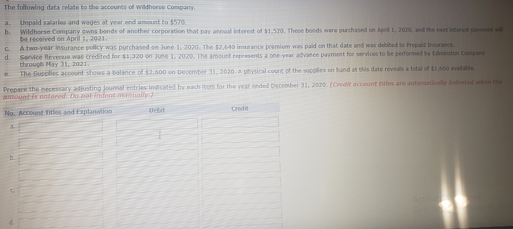 The following data relate to the accounts of Wildhorse Company.
Unpaid salaries and wages at year end amount to $570.
a.
b.
Wildhorse Company owns bonds of another corporation that pay annual interest of $1,520. These bonds were purchased on April 1, 2020, and the next interest payment will
be received on April 1, 2021.
A two-year insurance policy was purchased on June 1, 2020. The $2,640 insurance premium was paid on that date and was debited to Prepaid Insurance.
C.
d.
Service Revenue was credited for $1,320 on June 1, 2020. The amount represents a one-year advance payment for services to be performed by Edminston Company
through May 31, 2021.
The Supplies account shows a balance of $2,600 on December 31. 2020. A physical count of the SUpplies on hand at this date reveals a total of $1,660 available.
e.
Prepare the necessary adjusting journal entries indicated by each Item for the year ended December 31, 2020. (Credit account titles are automatically indented when the
amount is entered. Do not indent manually.)
Debit
Credit
No. Account Titles and Explanation
a.
b.
C.
Activa
d.
