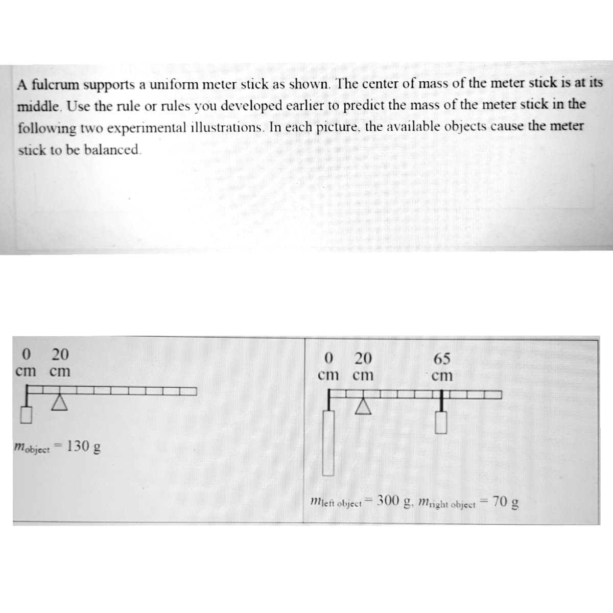 A fulcrum supports a uniform meter stick as shown. The center of mass of the meter stick is at its
middle. Use the rule or rules you developed earlier to predict the mass of the meter stick in the
following two experimental illustrations. In each picture, the available objects cause the meter
stick to be balanced.
0 20
0 20
65
cm
cm
cm
cm
cm
mobject = 130 g
Mjett object 300 g, mnght objeet = 70 g
