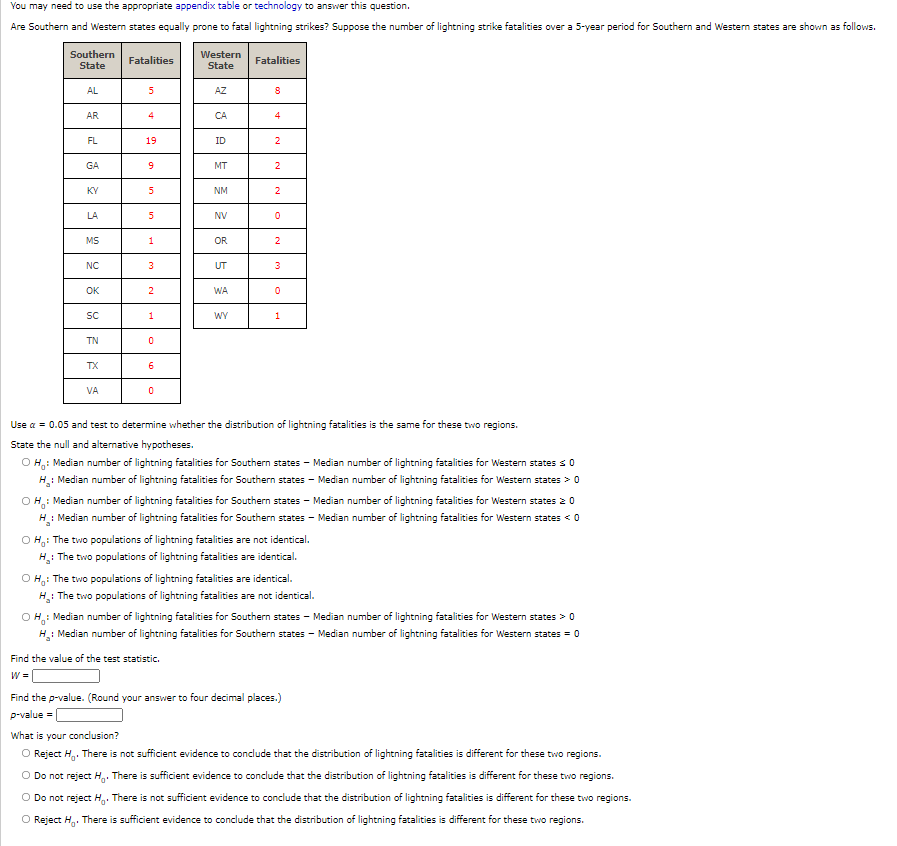 You may need to use the appropriate appendix table or technology to answer this question.
Are Southern and Western states equally prone to fatal lightning strikes? Suppose the number of lightning strike fatalities over a 5-year period for Southern and Westem states are shown as follows.
Southern
Western
Fatalities
Fatalities
State
State
AL
AZ
AR
4
CA
4
FL
19
ID
GA
MT
2
KY
NM
2
LA
NV
MS
1
OR
2
NC
3
UT
OK
WA
SC
WY
TN
TX
6
VA
Use a = 0.05 and test to determine whether the distribution of lightning fatalities is the same for these two regions.
State the null and alternative hypotheses.
O H: Median number of lightning fatalities for Southern states - Median number of lightning fatalities for Western states s0
H: Median number of lightning fatalities for Southern states - Median number of lightning fatalities for Western states > 0
O H,: Median number of lightning fatalities for Southern states - Median number of lightning fatalities for Western states 2 o
H: Median number of lightning fatalities for Southern states - Median number of lightning fatalities for Western states < 0
O H,: The two populations of lightning fatalities are not identical.
H: The two populations of lightning fatalities are identical.
O H: The two populations of lightning fatalities are identical.
H: The two populations of lightning fatalities are not identical.
O H,: Median number of lightning fatalities for Southern states - Median number of lightning fatalities for Western states > 0
H: Median number of lightning fatalities for Southern states - Median number of lightning fatalities for Western states = 0
Find the value of the test statistic.
W =
Find the p-value. (Round your answer to four decimal places.)
p-value =
What is your conclusion?
O Reject H,. There is not sufficient evidence to conclude that the distribution of lightning fatalities is different for these two regions.
O Do not reject H,. There is sufficient evidence to conclude that the distribution of lightning fatalities is different for these two regions.
O Do not reject H. There is not sufficient evidence to conclude that the distribution of lightning fatalities is different for these two regions.
O Reject H. There is sufficient evidence to conclude that the distribution of lightning fatalities is different for these two regions.
