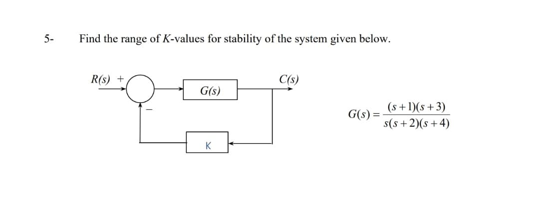 5-
Find the range of K-values for stability of the system given below.
R(s) +
C(s)
G(s)
(s +1)(s+3)
G(s)
s(s +2)(s +4)
K
