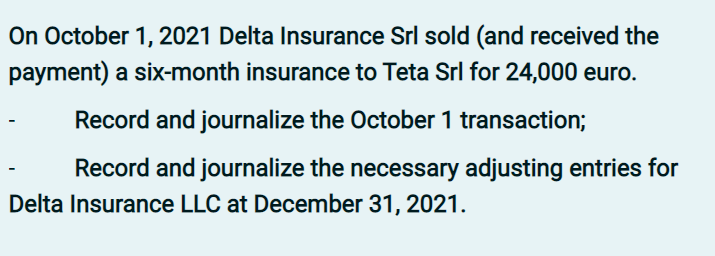 On October 1, 2021 Delta Insurance Srl sold (and received the
payment) a six-month insurance to Teta Srl for 24,000 euro.
Record and journalize the October 1 transaction;
Record and journalize the necessary adjusting entries for
Delta Insurance LLC at December 31, 2021.
