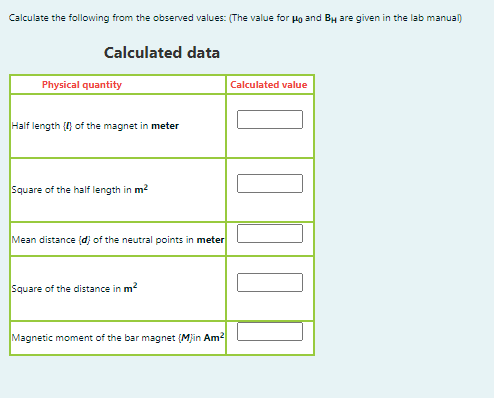 Calculate the following from the observed values: (The value for Ho and BH are given in the lab manual)
Calculated data
Physical quantity
Calculated value
Half length {} of the magnet in meter
Square of the half length in m?
Mean distance (d) of the neutral points in meter
Square of the distance in m?
Magnetic moment of the bar magnet (Mjin Am2
