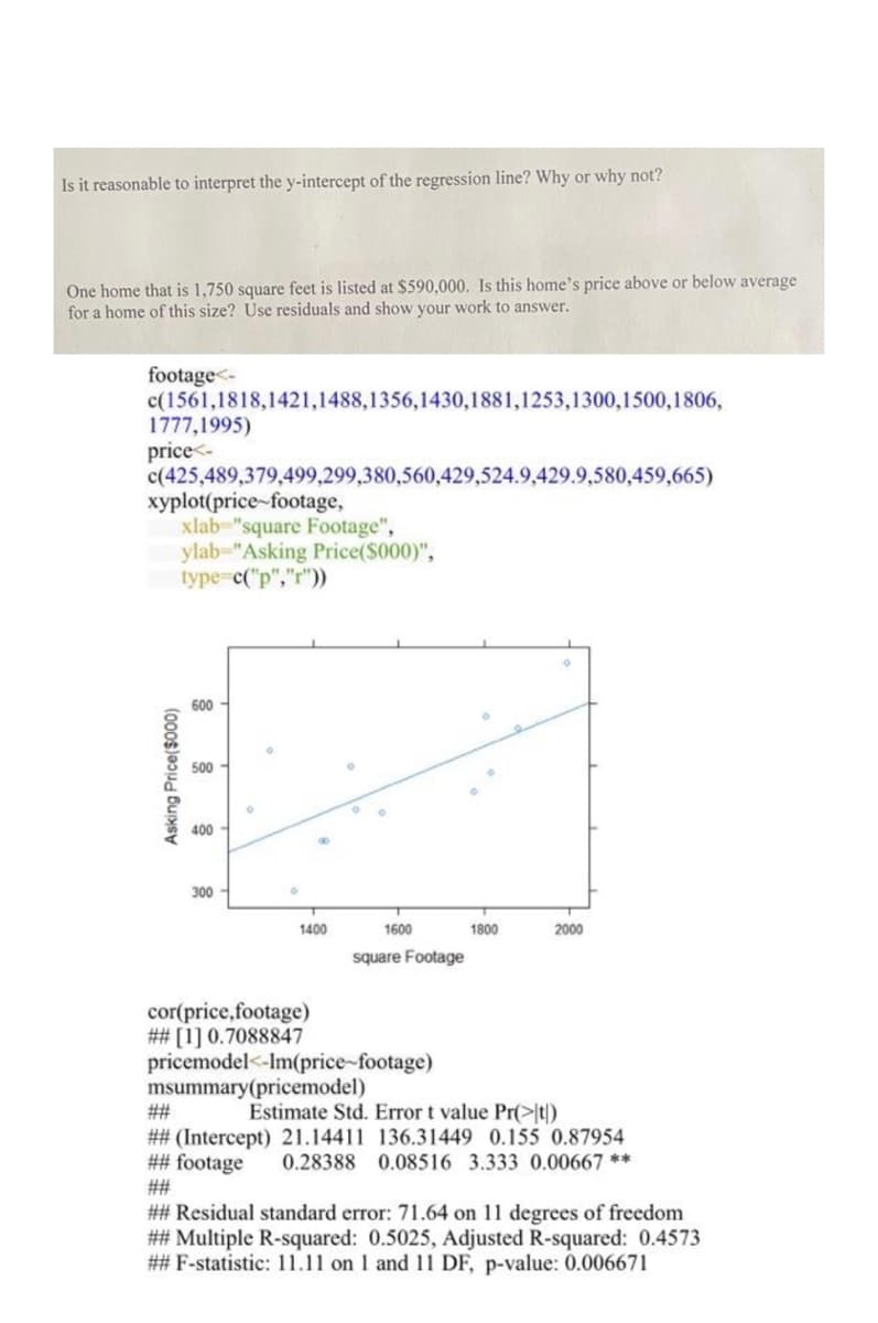 Is it reasonable to interpret the y-intercept of the regression line? Why or why not?
One home that is 1,750 square feet is listed at $590,000. Is this home's price above or below average
for a home of this size? Use residuals and show your work to answer.
footage<-
c(1561,1818,1421,1488,1356,1430,1881,1253,1300,1500,1806,
1777,1995)
price<-
c(425,489,379,499,299,380,560,429,524.9,429.9,580,459,665)
xyplot(price-footage,
Asking Price($000)
xlab "square Footage",
ylab "Asking Price($000)",
type=c("p","r"))
600
500
400
300
1400
1600
square Footage
1800
O
2000
cor(price,footage)
## [1] 0.7088847
pricemodel<-Im(price-footage)
msummary(pricemodel)
##
Estimate Std. Error t value Pr(>t)
## (Intercept) 21.14411 136.31449 0.155 0.87954
## footage 0.28388 0.08516 3.333 0.00667 **
## Residual standard error: 71.64 on 11 degrees of freedom
## Multiple R-squared: 0.5025, Adjusted R-squared: 0.4573
## F-statistic: 11.11 on 1 and 11 DF, p-value: 0.006671