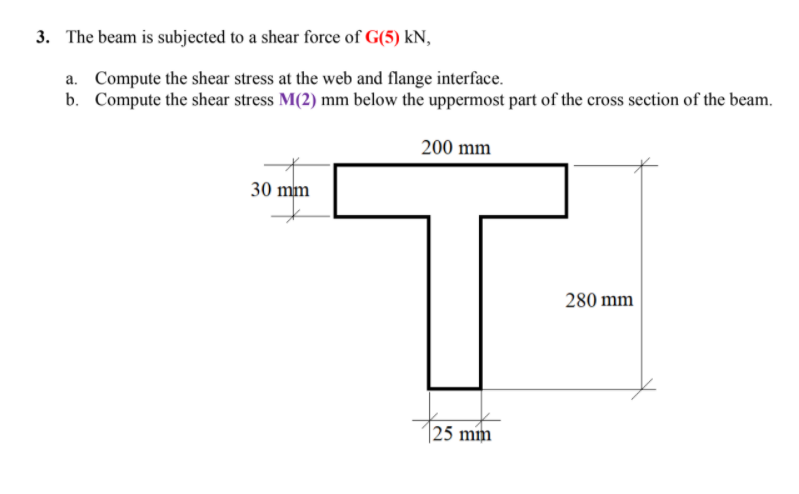 3. The beam is subjected to a shear force of G(5) kN,
a. Compute the shear stress at the web and flange interface.
b. Compute the shear stress M(2) mm below the uppermost part of the cross section of the beam.
200 mm
30 mm
280 mm
|25 min
