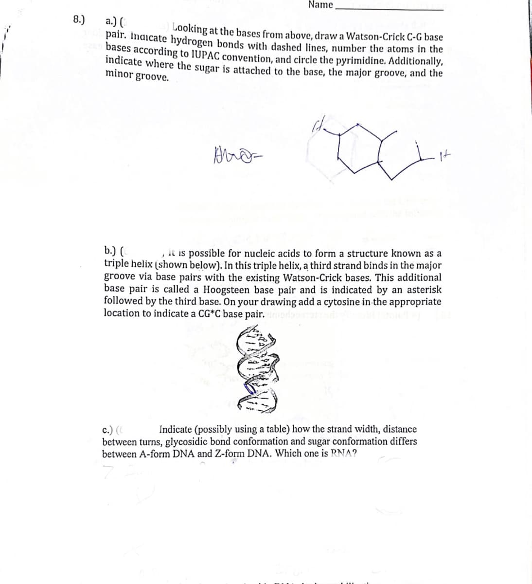 Name
a.) (
pair. Indicate hydrogen bonds with dashed lines, number the atoms in the
bases according to IUPAC convention, and circle the pyrimidine. Additionally,
indicate where the sugar is attached to the base, the major groove, and the
minor groove.
8.)
Looking at the bases from above, draw a Watson-Crick C-G base
b.) (
triple helix (shown below). In this triple helix, a third strand binds in the major
groove via base pairs with the existing Watson-Crick bases. This additional
base pair is called a Hoogsteen base pair and is indicated by an asterisk
followed by the third base. On your drawing add a cytosine in the appropriate
location to indicate a CG*C base pair.
, it is possible for nucleic acids to form a structure known as a
c.) (
between turns, glycosidic bond conformation and sugar conformation differs
between A-form DNA and Z-form DNA, Which one is PNA?
Indicate (possibly using a table) how the strand width, distance
