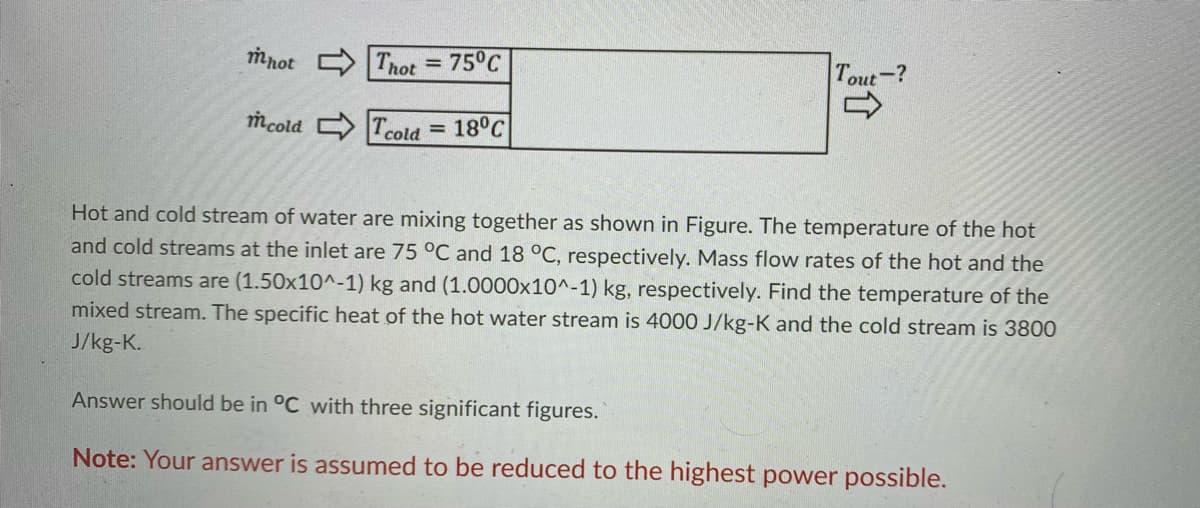 mnot Thot
75°C
Tout-?
mcold Tcola = 18°C
%3D
Hot and cold stream of water are mixing together as shown in Figure. The temperature of the hot
and cold streams at the inlet are 75 °C and 18 °C, respectively. Mass flow rates of the hot and the
cold streams are (1.50x10^-1) kg and (1.0000x10^-1) kg, respectively. Find the temperature of the
mixed stream. The specific heat of the hot water stream is 4000 J/kg-K and the cold stream is 3800
J/kg-K.
Answer should be in °C with three significant figures.
Note: Your answer is assumed to be reduced to the highest power possible.
