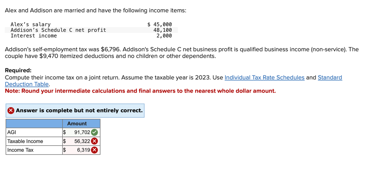 Alex and Addison are married and have the following income items:
Alex's salary
Addison's Schedule C net profit
Interest income
$ 45,000
48,100
2,000
Addison's self-employment tax was $6,796. Addison's Schedule C net business profit is qualified business income (non-service). The
couple have $9,470 itemized deductions and no children or other dependents.
Required:
Compute their income tax on a joint return. Assume the taxable year is 2023. Use Individual Tax Rate Schedules and Standard
Deduction Table.
Note: Round your intermediate calculations and final answers to the nearest whole dollar amount.
× Answer is complete but not entirely correct.
Amount
AGI
$
91,702
Taxable Income
$
56,322 X
Income Tax
$
6,319 X