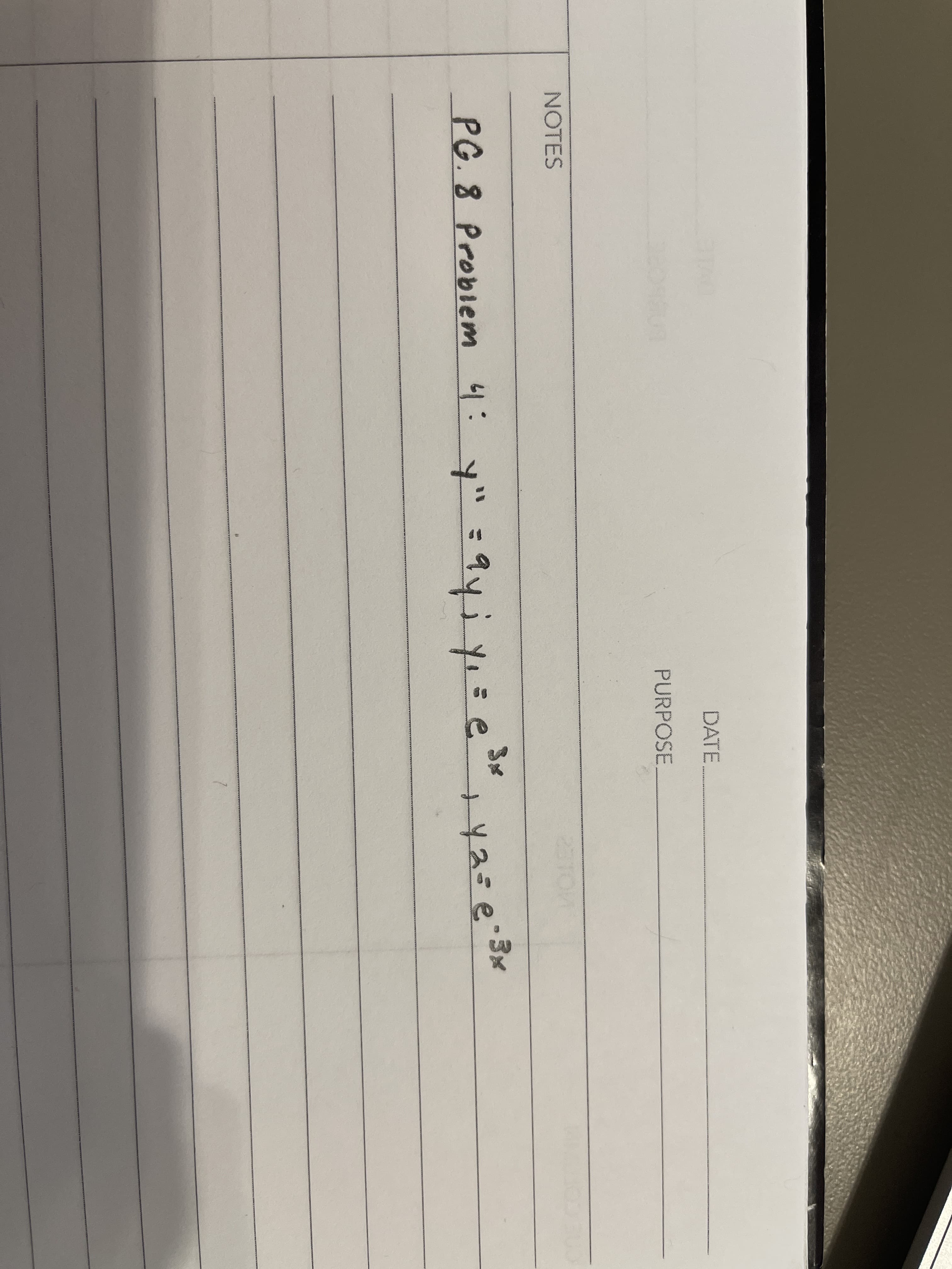 DATE
PURPOSE
NOTES
-3x
PG.8 Probiem 4:
y" =94;y=e
