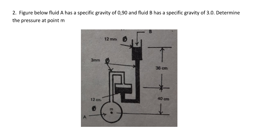 2. Figure below fluid A has a specific gravity of 0,90 and fluid B has a specific gravity of 3.0. Determine
the pressure at point m
12 mm
3mm
36 cm
40 cm
12 cm
A.
