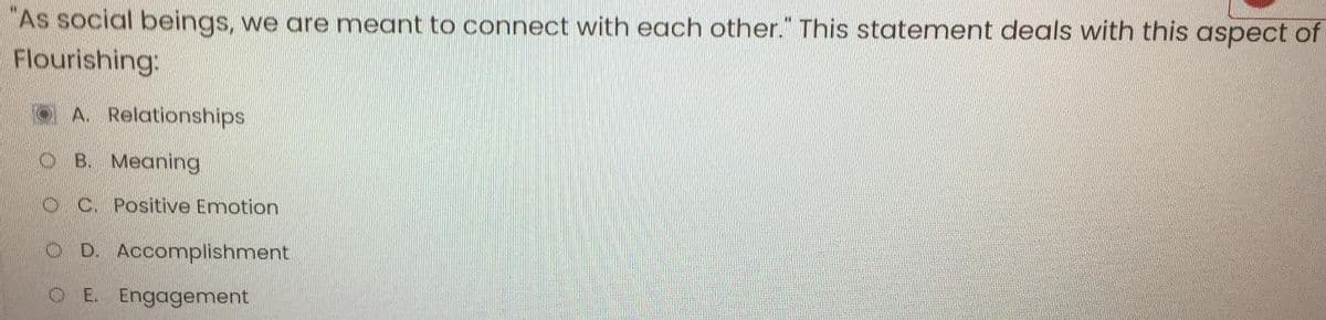 "As social beings, we are meant to connect with each other." This statement deals with this aspect of
Flourishing:
A. Relationships
B. Meaning
OC. Positive Emotion
O D. Accomplishment
O E. Engagement
