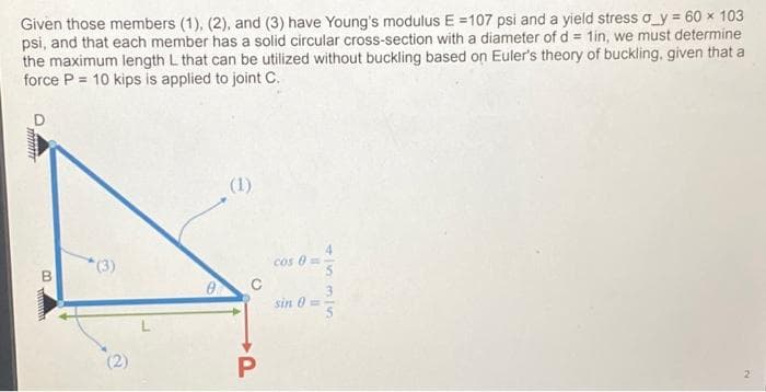 Given those members (1), (2), and (3) have Young's modulus E =107 psi and a yield stress o_y = 60 × 103
psi, and that each member has a solid circular cross-section with a diameter of d = 1in, we must determine
the maximum length L that can be utilized without buckling based on Euler's theory of buckling, given that a
force P = 10 kips is applied to joint C.
D
minttr
B
(3)
0
C
P
Cos
0
sin 0