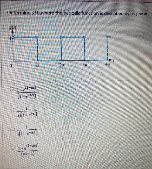 Determine L[f],where the periodic function is described by its graph.
19
Ra
40
(1-as)
1-e
1.
(1-as)
01-e
(as-1)
