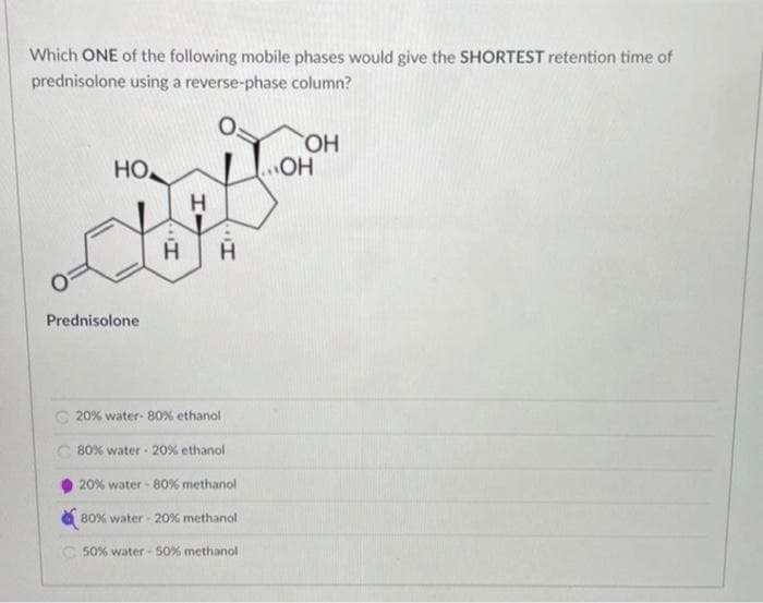 Which ONE of the following mobile phases would give the SHORTEST retention time of
prednisolone using a reverse-phase column?
HO
HO
HO
H
Prednisolone
20% water- 80% ethanol
C 80% water - 20% ethanol
20% water - 80% methanol
80% water 20% methanol
C 50% water 50% methanol
