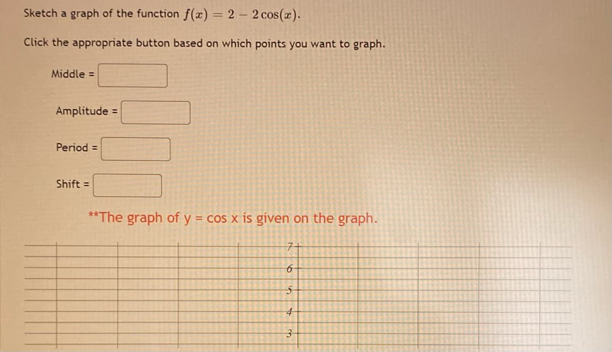 Sketch a graph of the function f(x) = 2 – 2 cos(x).
Click the appropriate button based on which points you want to graph.
Middle =
Amplitude =
Period =
Shift =
**The graph of y = cos x is given on the graph.
7+
