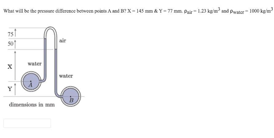 What will be the pressure difference between points A and B? X = 145 mm & Y= 77 mm. Pair = 1.23 kg/m and Pwater = 1000 kg/m3
751
50
air
water
water
Y
dimensions in mm
