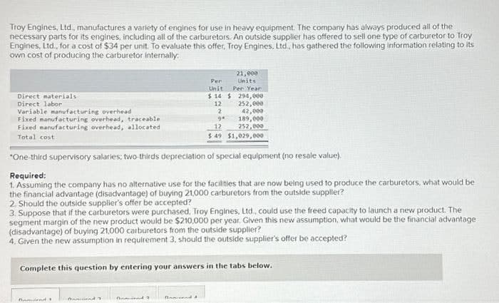 Troy Engines, Ltd., manufactures a variety of engines for use in heavy equipment. The company has always produced all of the
necessary parts for its engines, including all of the carburetors. An outside supplier has offered to sell one type of carburetor to Troy
Engines, Ltd., for a cost of $34 per unit. To evaluate this offer, Troy Engines, Ltd., has gathered the following information relating to its
own cost of producing the carburetor internally.
Direct materials
Direct labor
Variable manufacturing overhead
Fixed manufacturing overhead, traceable
Fixed manufacturing overhead, allocated
Total cost
Damiland 1
Per
Unit
Band
$14
*One-third supervisory salaries; two-thirds depreciation of special equipment (no resale value).
Required:
1. Assuming the company has no alternative use for the facilities that are now being used to produce the carburetors, what would be
the financial advantage (disadvantage) of buying 21,000 carburetors from the outside supplier?
Domiend 2
12
2
94
2. Should the outside supplier's offer be accepted?
3. Suppose that if the carburetors were purchased, Troy Engines, Ltd., could use the freed capacity to launch a new product. The
segment margin of the new product would be $210,000 per year. Given this new assumption, what would be the financial advantage
(disadvantage) of buying 21,000 carburetors from the outside supplier?
4. Given the new assumption in requirement 3, should the outside supplier's offer be accepted?
Bind
21,000
Units
Per Year
$294,000
252,000
42,000
189,000
252,000
Complete this question by entering your answers in the tabs below.
12
$ 49 $1,029,000