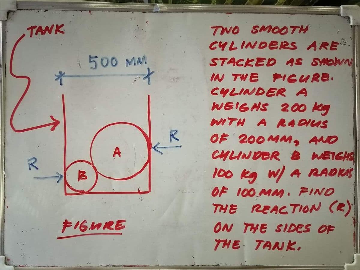 TWO SMOOTH
CYLINDERS ARE
STACKED AS SHOWN
IN THE FIGURB.
CYLINDER A
WEIGHS 2.00 kg
WITH A RADIUS
TANK
500 MM
OF 200MM, AND
CHINDER B WEIGHS
100 kg W/ A RADUS
OF 100 MM. FIND
THE REACTION (R
ON THE SIDES OF
THE TANK,
A
F16日RE
