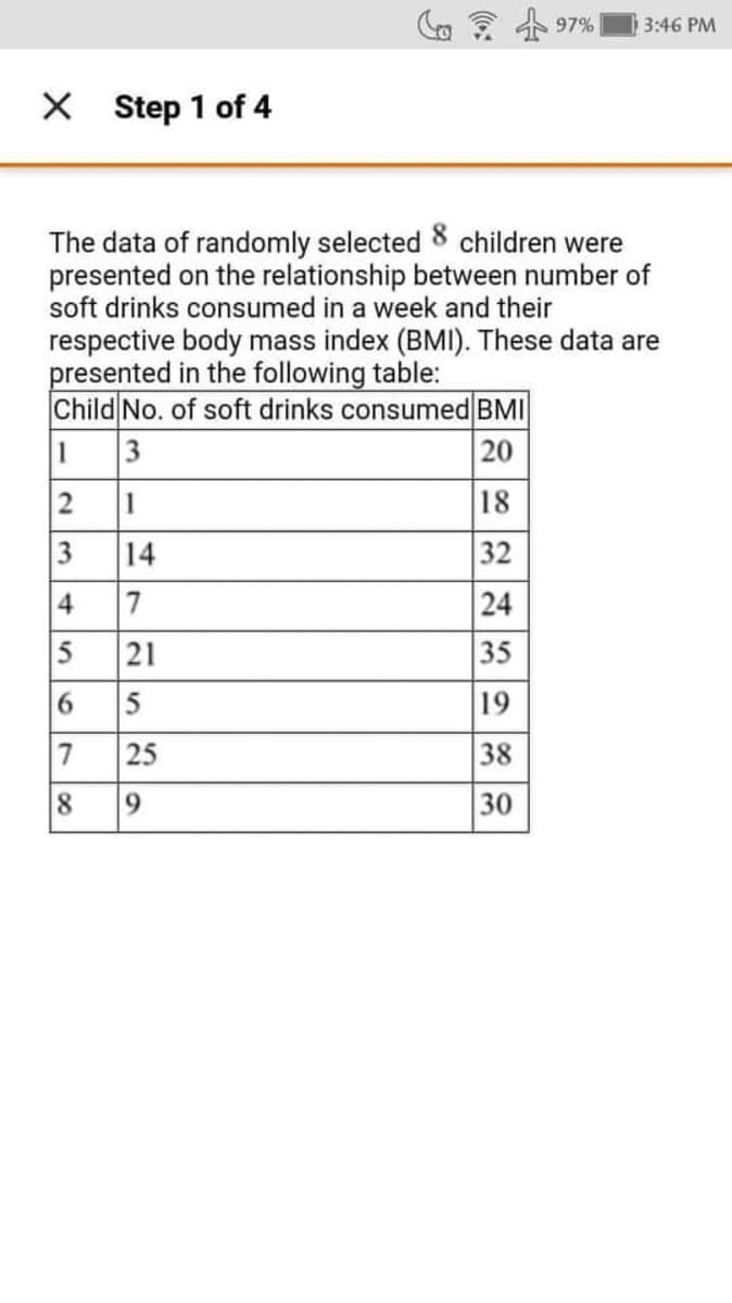 Co 公97%
3:46 PM
X Step 1 of 4
The data of randomly selected 8 children were
presented on the relationship between number of
soft drinks consumed in a week and their
respective body mass index (BMI). These data are
presented in the following table:
Child No. of soft drinks consumed BMI
3
20
2
1
18
3
14
32
7
24
21
35
6.
19
25
38
8
30
4.
00
