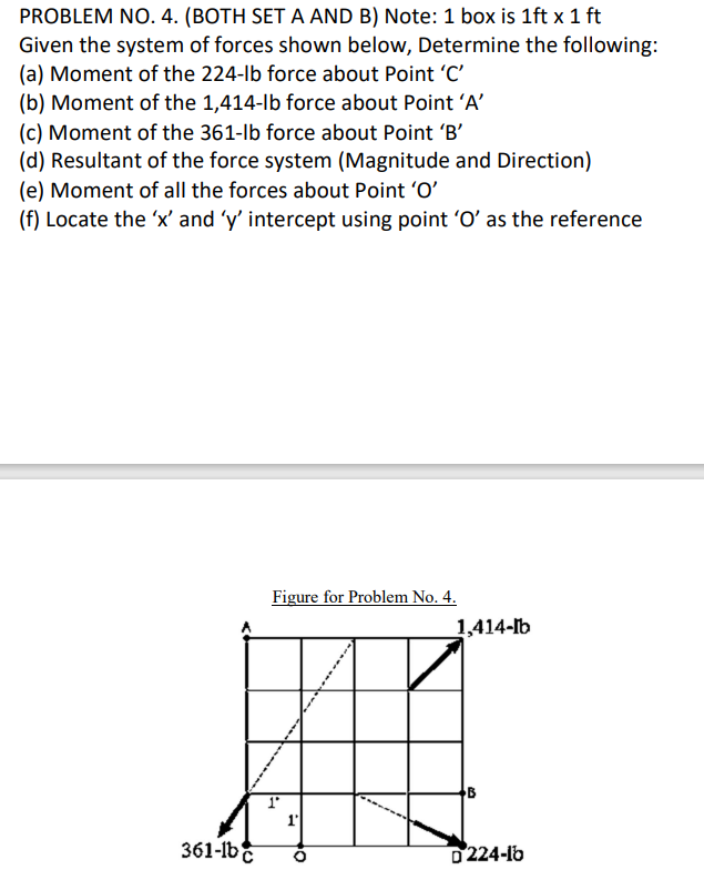 PROBLEM NO. 4. (BOTH SET A AND B) Note: 1 box is 1ft x 1 ft
Given the system of forces shown below, Determine the following:
(a) Moment of the 224-lb force about Point 'C'
(b) Moment of the 1,414-lb force about Point 'A'
(c) Moment of the 361-lb force about Point 'B'
(d) Resultant of the force system (Magnitude and Direction)
(e) Moment of all the forces about Point 'O'
(f) Locate the 'x' and 'y' intercept using point 'O' as the reference
Figure for Problem No. 4.
1,414-lb
361-lbE
D224-lb
