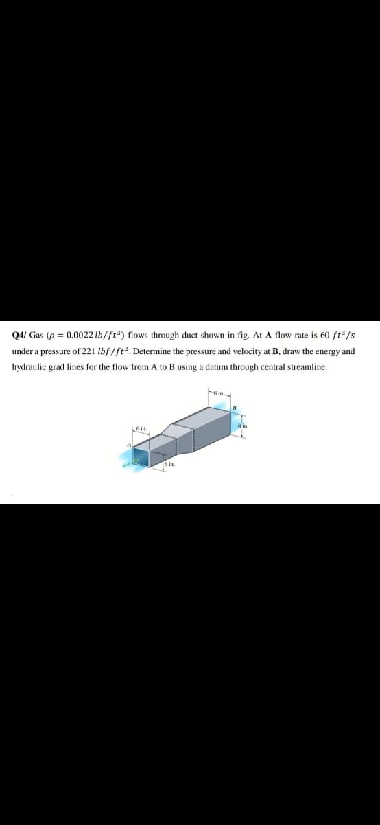 Q4/ Gas (p = 0.0022 lb/ft3) flows through duct shown in fig. At A flow rate is 60 ft3/s
under a pressure of 221 lbf /ft?. Determine the pressure and velocity at B, draw the energy and
hydraulic grad lines for the flow from A to B using a datum through central streamline.
6 in
