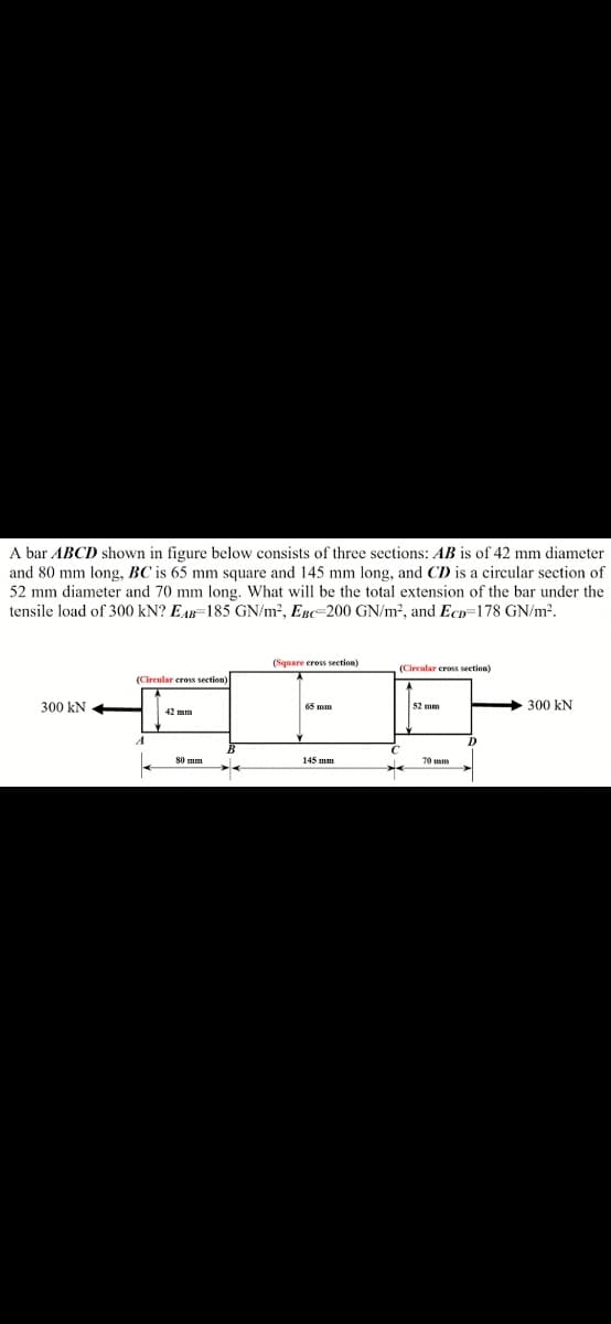 A bar ABCD shown in figure below consists of three sections: AB is of 42 mm diameter
and 80 mm long, BC is 65 mm square and 145 mm long, and CD is a circular section of
52 mm diameter and 70 mm long. What will be the total extension of the bar under the
tensile load of 300 kN? EAB=185 GN/m?, EBc-200 GN/m?, and Ecp=178 GN/m?.
(Square eross section)
(Circular cross seetion)
(Circular cross section)
300 kN
300 kN
65 mm
52 mm
80 mm
70 mm
