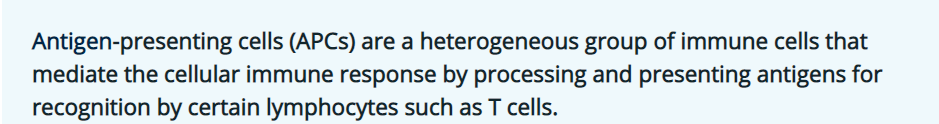 Antigen-presenting cells (APCS) are a heterogeneous group of immune cells that
mediate the cellular immune response by processing and presenting antigens for
recognition by certain lymphocytes such as T cells.
