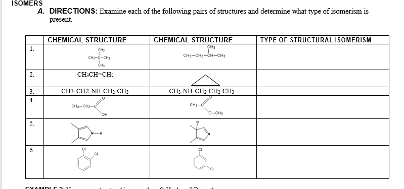 ISOMERS
A. DIRECTIONS: Examine each of the following pairs of structures and determine what type of isomerism is
present.
CHEMICAL STRUCTURE
CHEMICAL STRUCTURE
TYPE OF STRUCTURAL ISOMERISM
1.
CH3
CH3
CH3-CH2-CH-CH3
CH3-C-CHJ
CHS
2.
CH;CH=CH2
3.
СНЗ-СН2-NH-CH-CH
CH3-NH-CH2-CH2-CH3
4.
CH3-CH2-C
CH3-C
0-CH3
5.
6.
CYAMIDLC2 I
