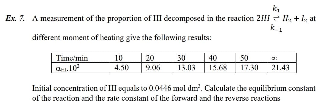 k₁
Ex. 7. A measurement of the proportion of HI decomposed in the reaction 2HI H₂ + 1₂ at
k_₁
different moment of heating give the following results:
Time/min
ані.102
20
10
4.50 9.06
30
40
50
13.03 15.68 17.30
∞
21.43
Initial concentration of HI equals to 0.0446 mol dm³. Calculate the equilibrium constant
of the reaction and the rate constant of the forward and the reverse reactions