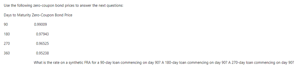 Use the following zero-coupon bond prices to answer the next questions:
Days to Maturity Zero-Coupon Bond Price
90
180
270
360
0.99009
0.97943
0.96525
0.95238
What is the rate on a synthetic FRA for a 90-day loan commencing on day 90? A 180-day loan commencing on day 90? A 270-day loan commencing on day 90?