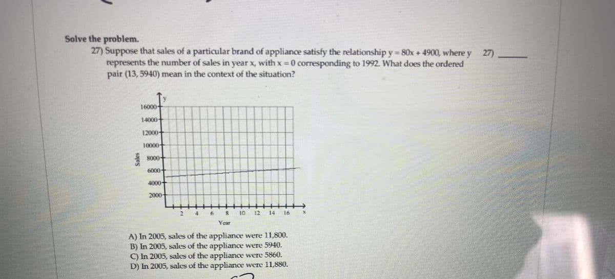 Solve the problem.
27) Suppose that sales of a particular brand of appliance satisfy the relationship y = 80x + 4900, where y
27)
represents the number of sales in year x, with x = 0 corresponding to 1992. What does the ordered
pair (13, 5940) mean in the context of the situation?
T
16000-
14000
12000-
10000--
8000-
6000-
2000-
ri
HOME
8
Year
▬▬▬▬▬▬▬▬▬▬▬▬
A) In 2005, sales of the appliance were 11,800.
B) In 2005, sales of the appliance were 5940.
C) In 2005, sales of the appliance were 5860.
D) In 2005, sales of the appliance were 11,880.