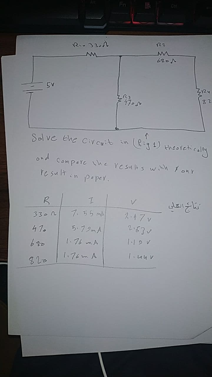 Fn
Ctrl
Ri.330A
R2
6807
5V
ZRy
R3
82
Sol ve 6he Civ cuit in
(e:g4) theoretically
Ond Compore ihe resulHs with X onr
re sult in
نتاح انکلی
7、ち5 m
2.47 v
330 n
470
ち79mA
680
1.76 mA
1.19 V
1.76m A
820
