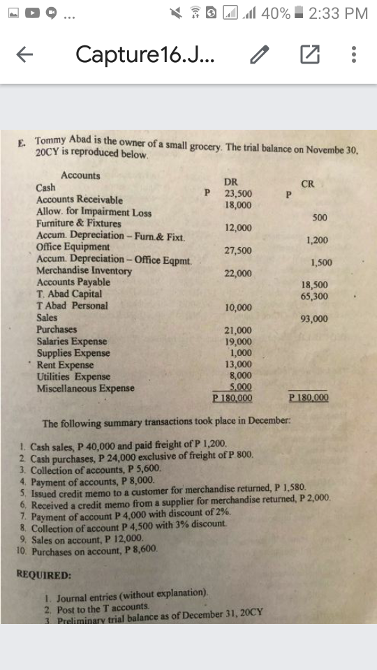 K ED MM 40% I 2:33 PM
Capture16.J.
E. Tommy Abad is the owner of a small grocery. The trial balance on Novembe 30,
20CY is reproduced below.
Accounts
DR
CR
Cash
Accounts Receivable
Allow. for Impairment Loss
Furniture & Fixtures
Accum. Depreciation - Furn.& Fixt.
Office Equipment
Accum. Depreciation - Office Eqpmt.
Merchandise Inventory
Accounts Payable
T. Abad Capital
T Abad Personal
23,500
18,000
500
12,000
1,200
27,500
1,500
22,000
18,500
65,300
10,000
Sales
93,000
Purchases
Salaries Expense
Supplies Expense
Rent Expense
Utilities Expense
Miscellaneous Expense
21,000
19,000
1,000
13,000
8,000
5,000
P 180,000
P 180.000
The following summary transactions took place in December:
1. Cash sales, P 40,000 and paid freight of P 1,200.
2. Cash purchases, P 24,000 exclusive of freight of P 800.
3. Collection of accounts, P 5,600.
4. Payment of accounts, P 8,000.
5. Issued credit memo to a customer for merchandise returned, P 1,580.
6. Received a credit memo from a supplier for merchandise returned, P 2,000.
1. Payment of account P 4,000 with discount of 2%.
8. Collection of account P 4,500 with 3% discount.
9. Sales on account, P 12,000.
10. Purchases on account, P 8,600.
REQUIRED:
1. Journal entries (without explanation).
2. Post to the T accounts.
1 Preliminary trial balance as of December 31, 20CY
