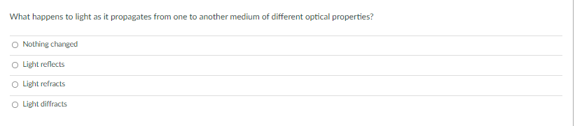 What happens to light as it propagates from one to another medium of different optical properties?
Nothing changed
O Light reflects
O Light refracts
O Light diffracts
