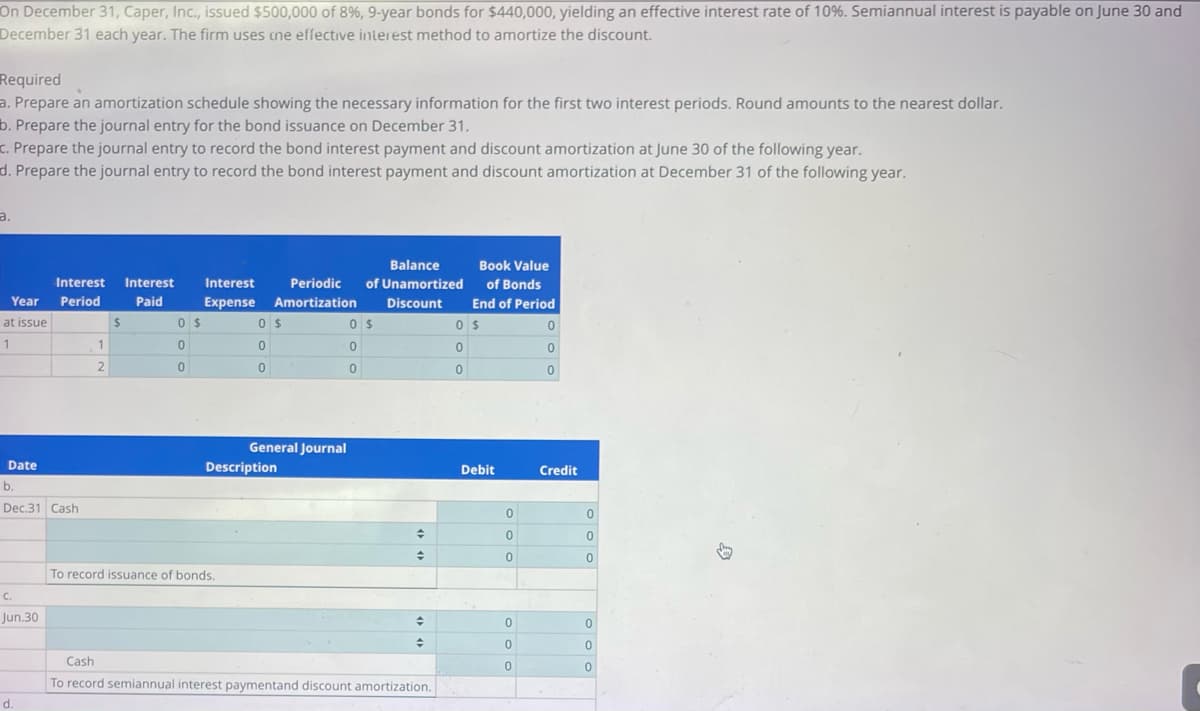 On December 31, Caper, Inc., issued $500,000 of 8% , 9-year bonds for $440,000, yielding an effective interest rate of 10%. Semiannual interest is payable on June 30 and
December 31 each year. The firm uses the effective interest method to amortize the discount.
Required
a. Prepare an amortization schedule showing the necessary information for the first two interest periods. Round amounts to the nearest dollar.
b. Prepare the journal entry for the bond issuance on December 31.
c. Prepare the journal entry to record the bond interest payment and discount amortization at June 30 of the following year.
d. Prepare the journal entry to record the bond interest payment and discount amortization at December 31 of the following year.
a.
Year
at issue
1
Date
b.
Dec.31 Cash
C.
Jun.30
Interest Interest
Period
Paid
d.
1
2
$
0 $
0
0
Interest
Expense
To record issuance of bonds.
Balance
Periodic of Unamortized
Amortization Discount
0 $
0
0
General Journal
Description
0$
0
0
+
수
수
+
Book Value
of Bonds
End of Period
0 $
0
0
Cash
To record semiannual interest paymentand discount amortization.
Debit
0
0
0
0
0
0
0
0
0
Credit
0
0
0
0
0
0