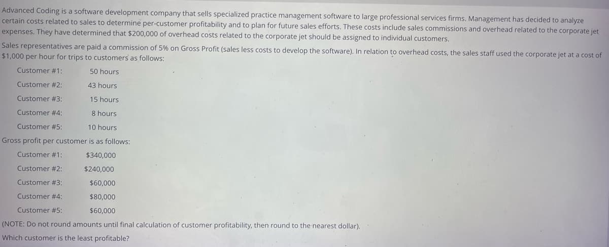 Advanced Coding is a software development company that sells specialized practice management software to large professional services firms. Management has decided to analyze
certain costs related to sales to determine per-customer profitability and to plan for future sales efforts. These costs include sales commissions and overhead related to the corporate jet
expenses. They have determined that $200,000 of overhead costs related to the corporate jet should be assigned to individual customers.
Sales representatives are paid a commission of 5% on Gross Profit (sales less costs to develop the software). In relation to overhead costs, the sales staff used the corporate jet at a cost of
$1,000 per hour for trips to customers as follows:
Customer #1:
50 hours
Customer #2:
43 hours
Customer #3:
15 hours
Customer #4:
8 hours
Customer #5:
10 hours
Gross profit per customer is as follows:
Customer #1:
$340,000
Customer #2:
$240,000
Customer #3:
$60,000
Customer #4:
$80,000
Customer #5:
$60,000
(NOTE: Do not round amounts until final calculation of customer profitability, then round to the nearest dollar).
Which customer is the least profitable?