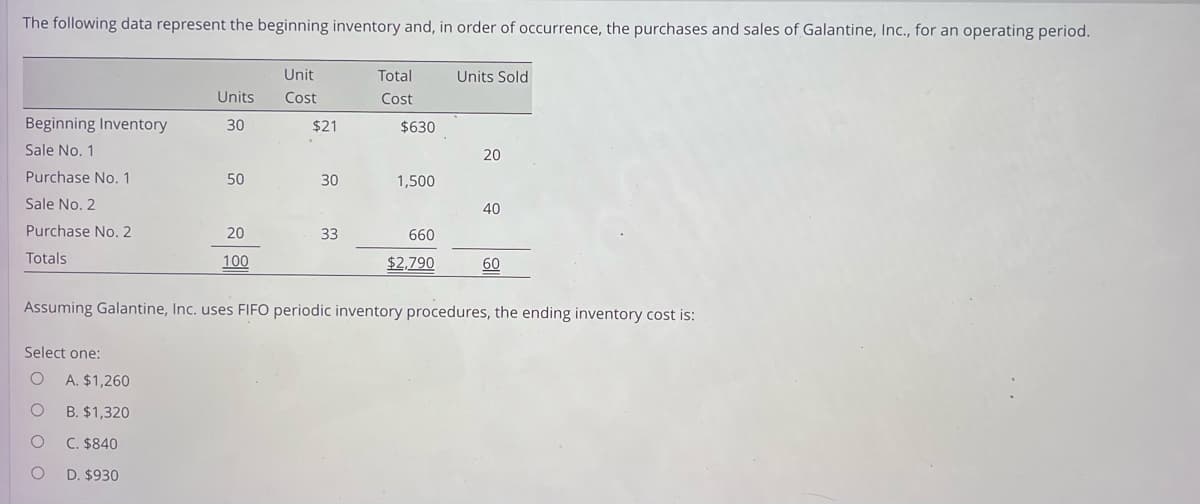 The following data represent the beginning inventory and, in order of occurrence, the purchases and sales of Galantine, Inc., for an operating period.
Unit
Cost
Beginning Inventory
Sale No. 1
Purchase No. 1
Sale No. 2
Purchase No. 2
Totals
Select one:
O
O
O
O
Units
30
A. $1,260
B. $1,320
C. $840
D. $930
50
20
100
$21
30
33
Total
Cost
$630
1,500
660
$2,790
Units Sold
20
40
Assuming Galantine, Inc. uses FIFO periodic inventory procedures, the ending inventory cost is:
60