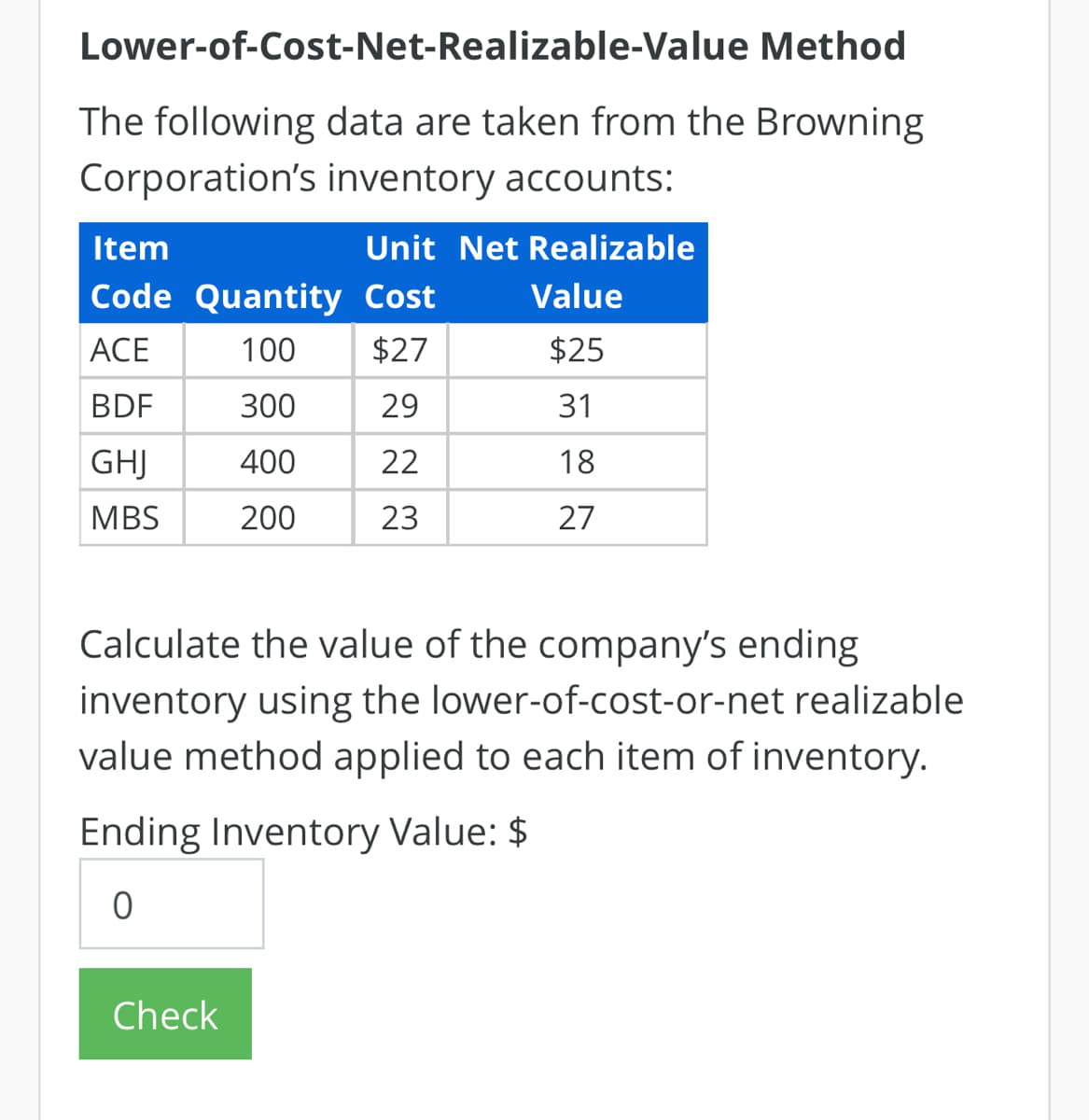 Lower-of-Cost-Net-Realizable-Value Method
The following data are taken from the Browning
Corporation's inventory accounts:
Item
Code Quantity Cost
ACE
100
$27
BDF
300
29
GHJ
400
22
MBS
200
23
Unit Net Realizable
Check
Value
$25
31
18
27
Calculate the value of the company's ending
inventory using the lower-of-cost-or-net realizable
value method applied to each item of inventory.
Ending Inventory Value: $
0