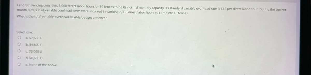 Landreth Fencing considers 3,000 direct labor hours or 50 fences to be its normal monthly capacity. Its standard variable overhead rate is $12 per direct labor hour. During the current
month, $29,800 of variable overhead costs were incurred in working 2,950 direct labor hours to complete 45 fences.
What is the total variable overhead flexible budget variance?
Select one:
O a. $2,600 F
O b. $6,800 F
O
c. $5,000 U
d. $8,600 U
e. None of the above
O
O