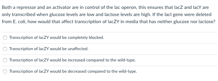 Both a repressor and an activator are in control of the lac operon, this ensures that lacz and lacY are
only transcribed when glucose levels are low and lactose levels are high. If the lacl gene were deleted
from E. coli, how would that affect transcription of lacZY in media that has neither glucose nor lactose?
Transcription of lacZY would be completely blocked.
Transcription of lacZY would be unaffected.
Transcription of lacZY would be increased compared to the wild-type.
Transcription of lacZY would be decreased compared to the wild-type.
