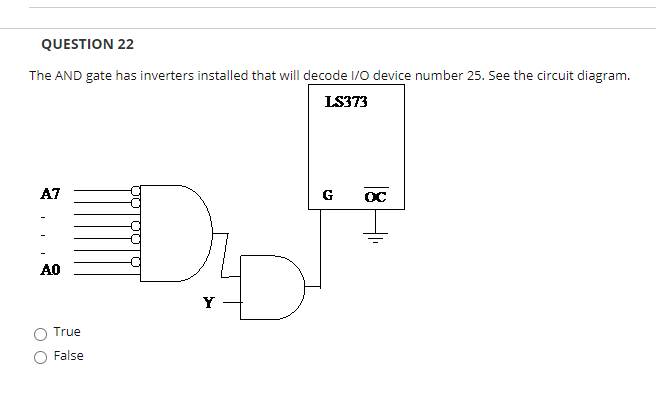 QUESTION 22
The AND gate has inverters installed that will decode I/O device number 25. See the circuit diagram.
LS373
A7
G
OC
A0
Y
True
False
