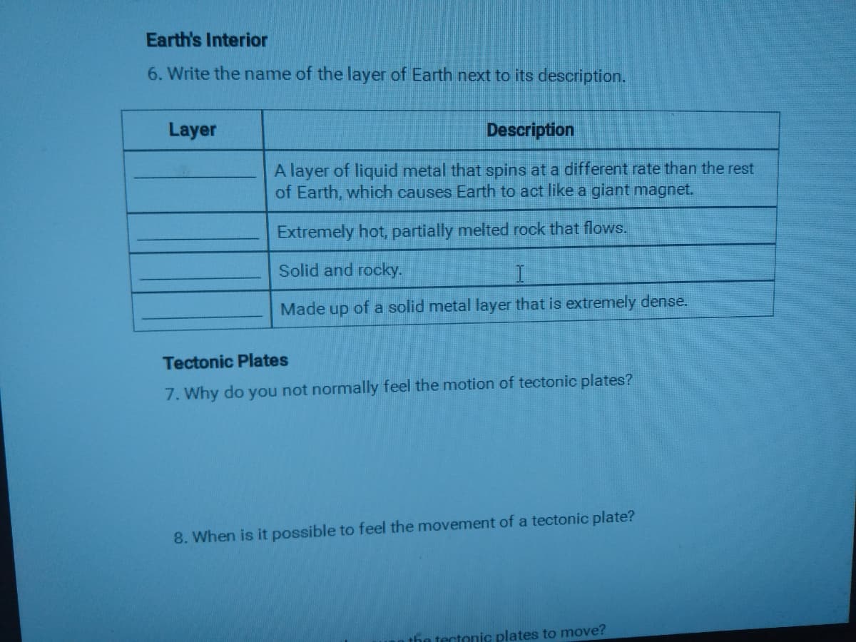 Earth's Interior
6. Write the name of the layer of Earth next to its description.
Layer
Description
A layer of liquid metal that spins at a different rate than the rest
of Earth, which causes Earth to act like a giant magnet.
Extremely hot, partially melted rock that flows.
Solid and rocky.
Made up of a solid metal layer that is extremely dense.
Tectonic Plates
7. Why do you not normally feel the motion of tectonic plates?
8. When is it possible to feel the movement of a tectonic plate?
the tectonic plates to move?
