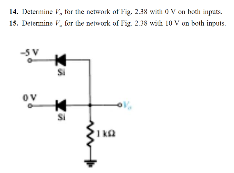 14. Determine V. for the network of Fig. 2.38 with 0 V on both inputs.
15. Determine V. for the network of Fig. 2.38 with 10 V on both inputs.
-SV
OV
0
Si
Si
1kQ2