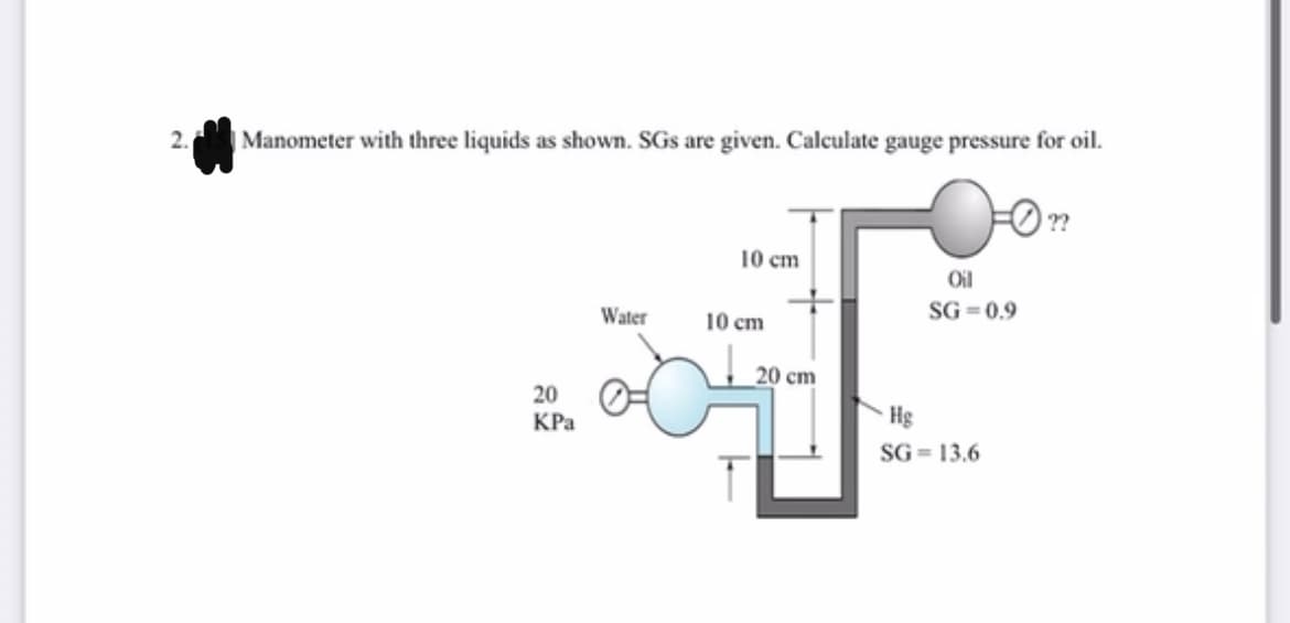 2.
Manometer with three liquids as shown. SGs are given. Calculate gauge pressure for oil.
20
KPa
Water
10 cm
10 cm
20 cm
Oil
SG=0.9
Hg
SG= 13.6
??