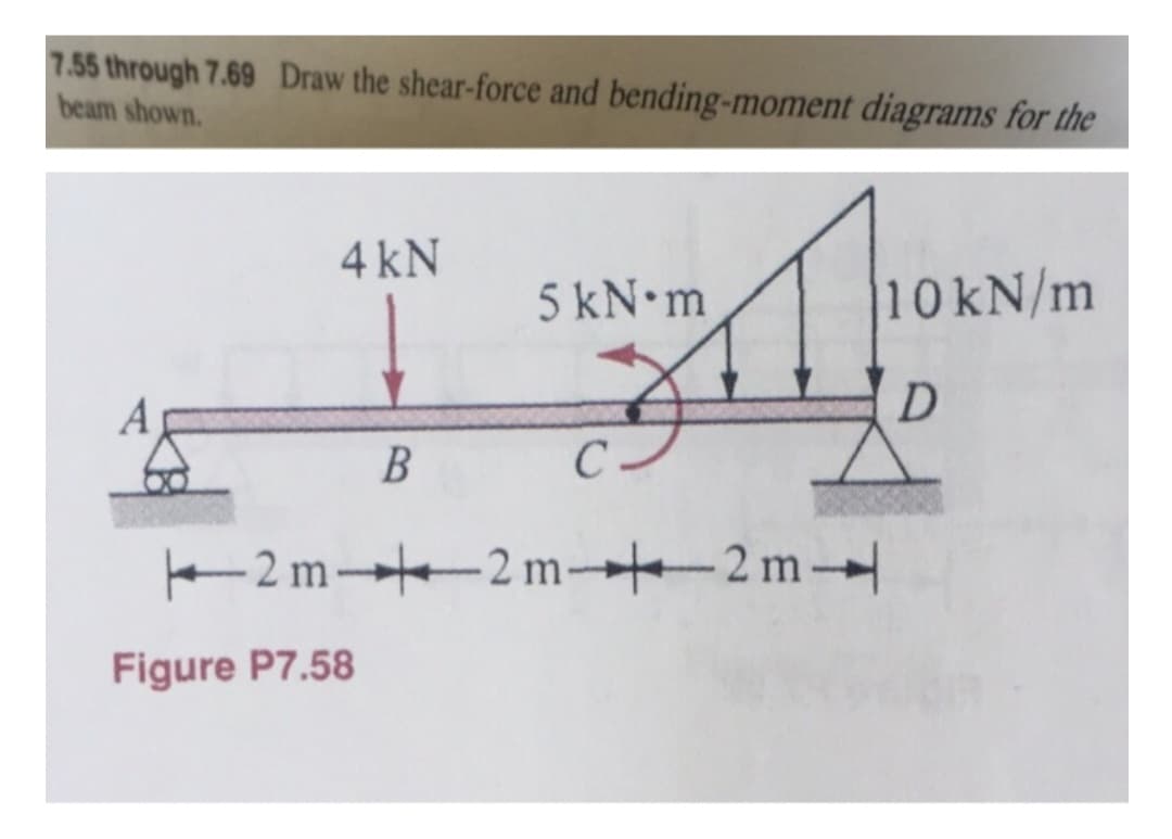 7.55 through 7.69 Draw the shear-force and bending-moment diagrams for the
beam shown.
4 kN
B
Figure P7.58
5 kN•m
C
2m-+-2m-2m-
10 kN/m
D