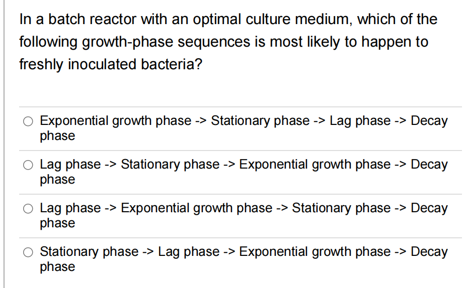In a batch reactor with an optimal culture medium, which of the
following growth-phase sequences is most likely to happen to
freshly inoculated bacteria?
Exponential growth phase -> Stationary phase -> Lag phase -> Decay
phase
Lag phase -> Stationary phase -> Exponential growth phase -> Decay
phase
Lag phase -> Exponential growth phase -> Stationary phase -> Decay
phase
O Stationary phase -> Lag phase -> Exponential growth phase -> Decay
phase